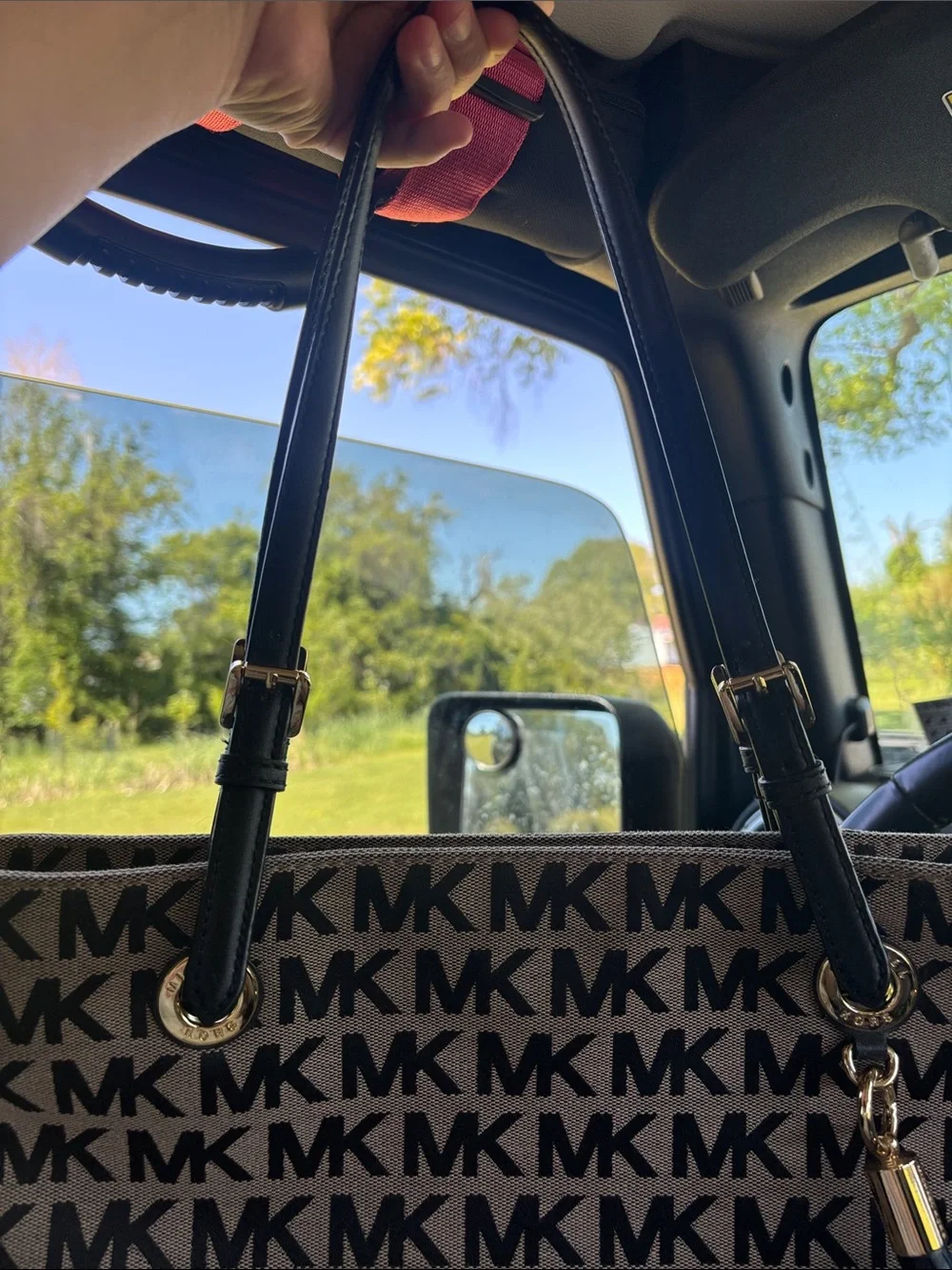 Michael Kors Black and Beige MK Logo Tote with Tassel Charm - Picture 2 of 13